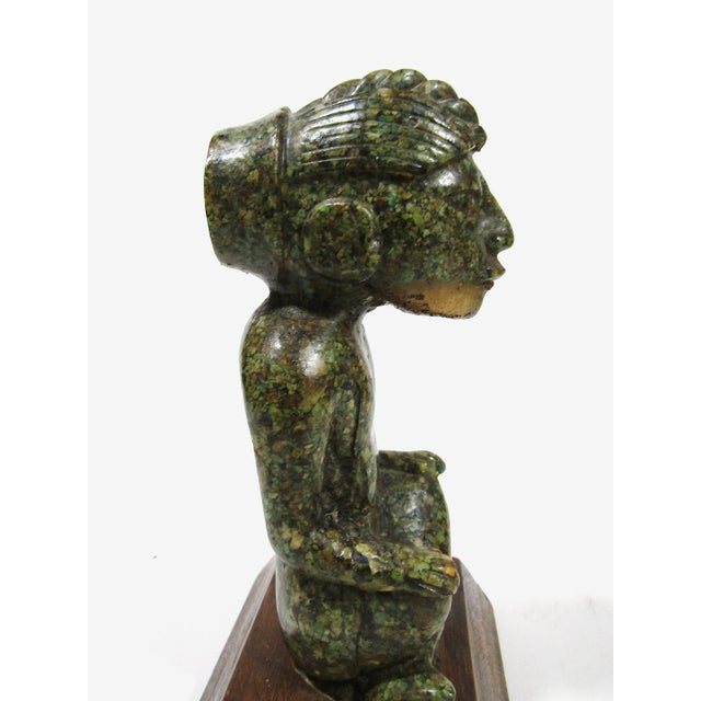 Green Aztec-Inspired Pre-Columbian Style Seated Figure Statue on Wood Base For Sale - Image 8 of 10