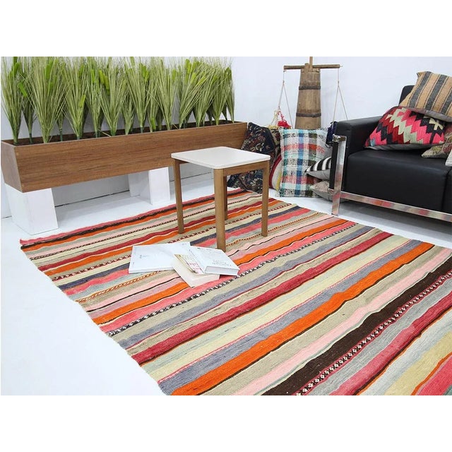 Mid 20th Century Vintage Colorful Striped Turkish Kilim Rug- 5′6″ × 9′10″ For Sale - Image 5 of 7