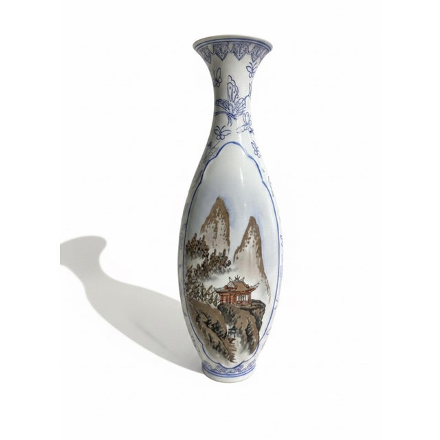 Vintage Jingdezhen Chinese Eggshell Porcelain Landscape & Butterfly Vase With Box For Sale - Image 4 of 10