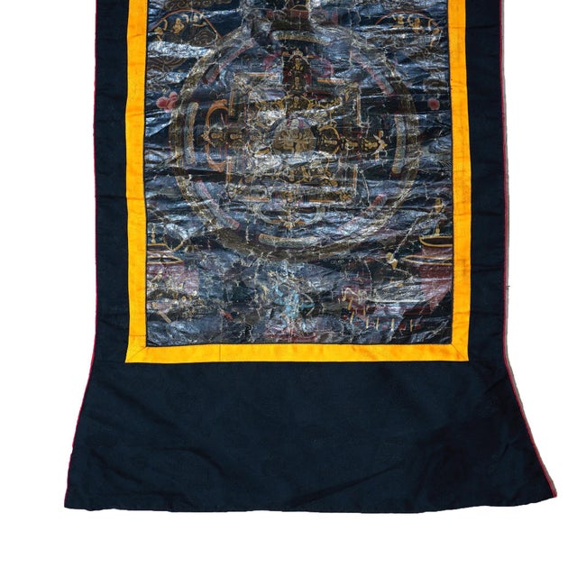 Black Antique Tibetan Hand Painted Silk and Canvas Thangka with Figures, Circa 1920 For Sale - Image 8 of 11