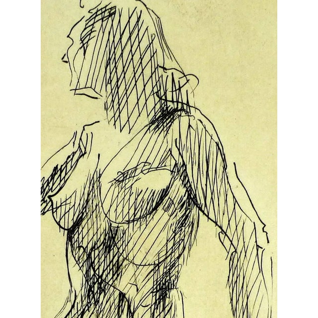Compelling nude female body etching by artist Francois Villon, circa 1980. Original artwork on paper displayed on a white...