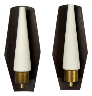 Danish Modern, Teak, Brass, Opaline Glass, Wall Lights, Denmark, 1960s