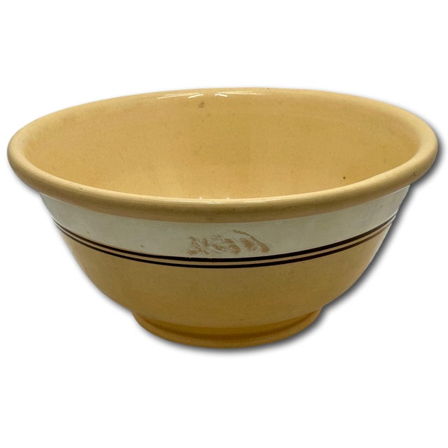 Ceramic Nice Antique Large Thick & Heavy 13 Inch Brown & Cream Color Banded Yellow Ware Kitchen Mixing Bowl - Circa Late 1800s For Sale - Image 7 of 18