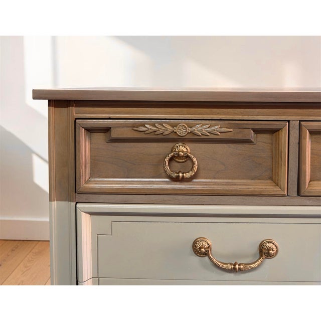 Wood 1970s Refinished Elegant Hollywood Regency Dixie Furniture Dresser in Cream & Natural Oak Tones For Sale - Image 7 of 10