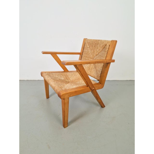 Dutch Modernist Brutalist Wooden Armchair with Rush Seat, 1940s For Sale - Image 9 of 12