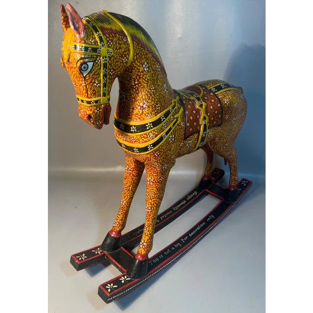 Yellow Vintage Rocking Horse Folk Art Handcrafted in India Designed for Bloomingdales For Sale - Image 8 of 8
