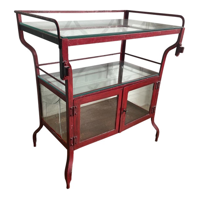 Early 20th Century Antique Metal & Glass Medical Cabinet With Industrial/Eiffel Tower Vibe For Sale