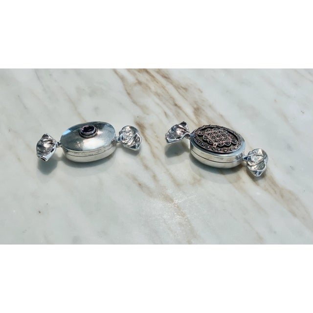 Silver Vintage Sterling Silver Candy Shaped Trinket Boxes -One With Marcasite and One With an Amethyst For Sale - Image 8 of 8