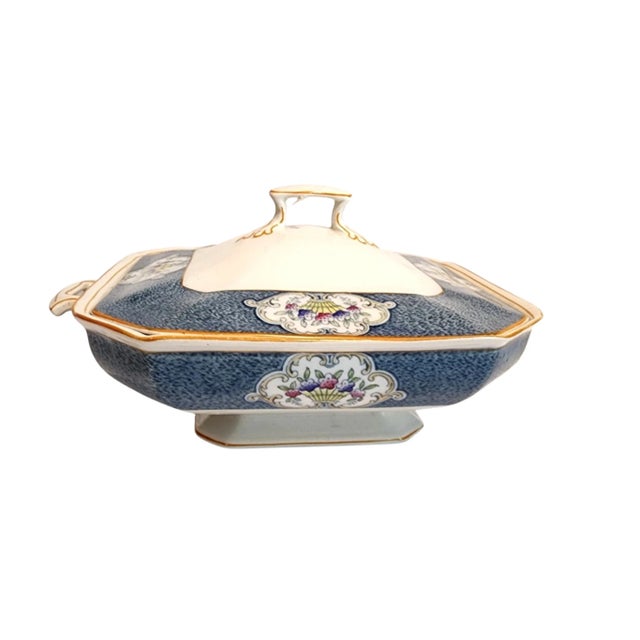 Antique J & G Meakin Newark Soup Tureen & Bowl Set – Blue Floral & Gold Trim- 7 Pieces For Sale In Baton Rouge - Image 6 of 9