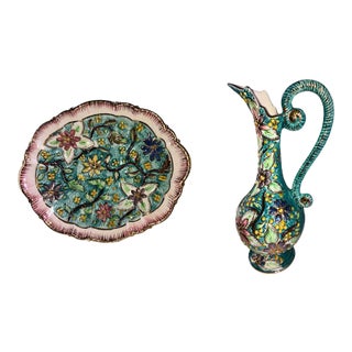 Italian Hand Painted Vintage Floral Majolica Ewer and Platter - Two Piece Set For Sale