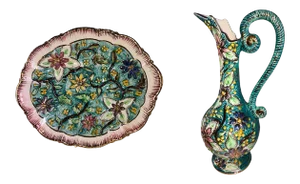 Italian Hand Painted Vintage Floral Majolica Ewer and Platter - Two Piece Set