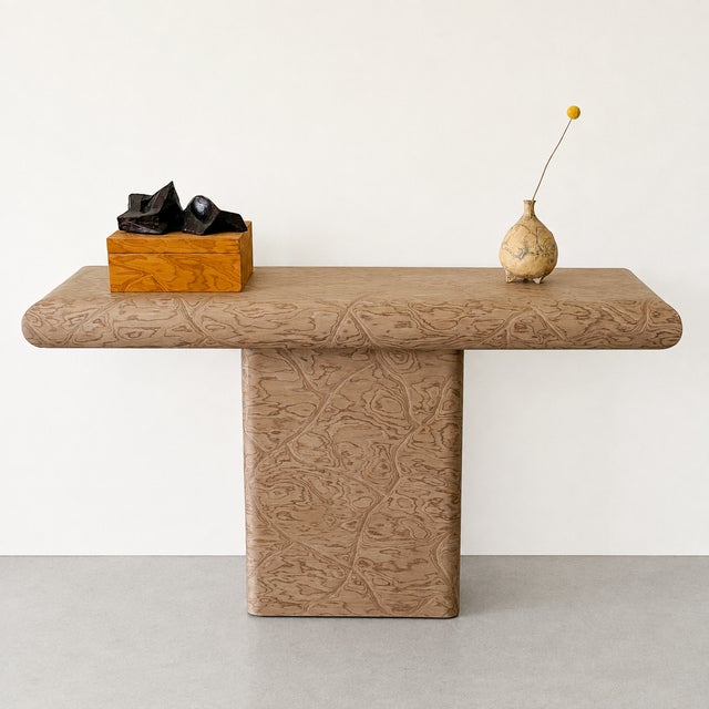 Vintage 1980s Postmodern bullnose pedestal console table, professionally restored in ALPI Agreste Prata veneer. A striking...