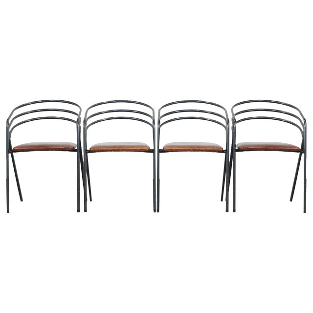 Metal Frame Dining Chairs with Leathers Seats, 1970s, Set of 4 For Sale