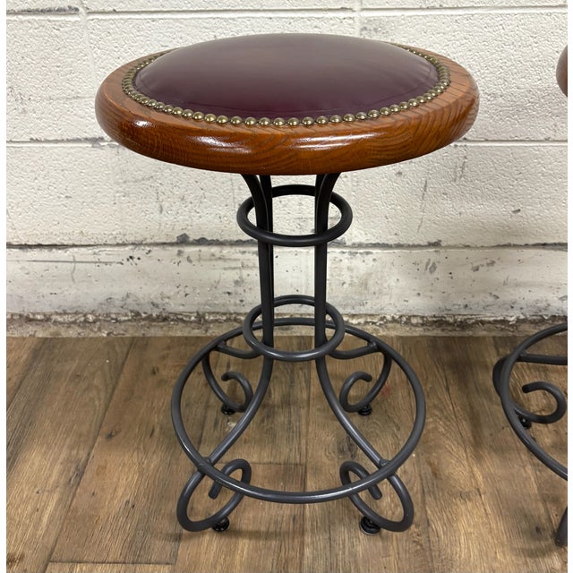 Vintage Virginia House Oxblood Burgundy Vinyl Nailhead Swivel Backless Barstools For Sale In Kansas City - Image 6 of 15