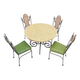 Mid 20th Century Resin Cast Abalone Shell Round Top Outdoor Table 4 Cane Back Chairs Iron Set For Sale