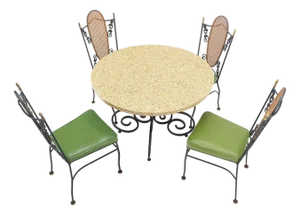 Mid 20th Century Resin Cast Abalone Shell Round Top Outdoor Table 4 Cane Back Chairs Iron Set