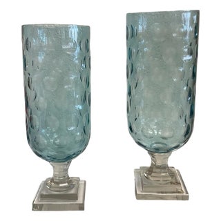 Pair of Hand Blown Blue Bubble Glass Hurricanes For Sale