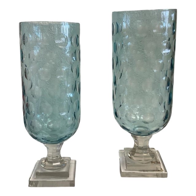 Pair of Hand Blown Blue Bubble Glass Hurricanes For Sale