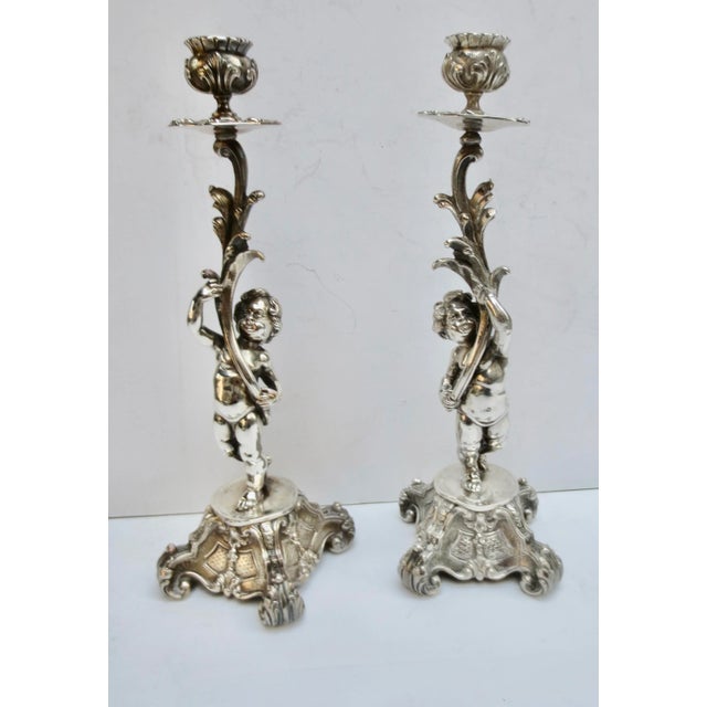 Late 19th Century A Pair of Silvered Bronze Putti Candlesticks Circa 1880s - Pair of 2 For Sale - Image 5 of 12