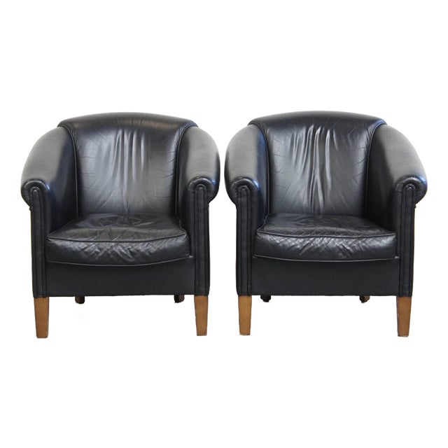Set of English Black Cowhide Club Chairs For Sale