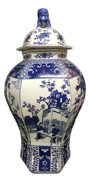Vintage Chinese Art Porcelain Blue and White Hexagonal Temple Covered Vase