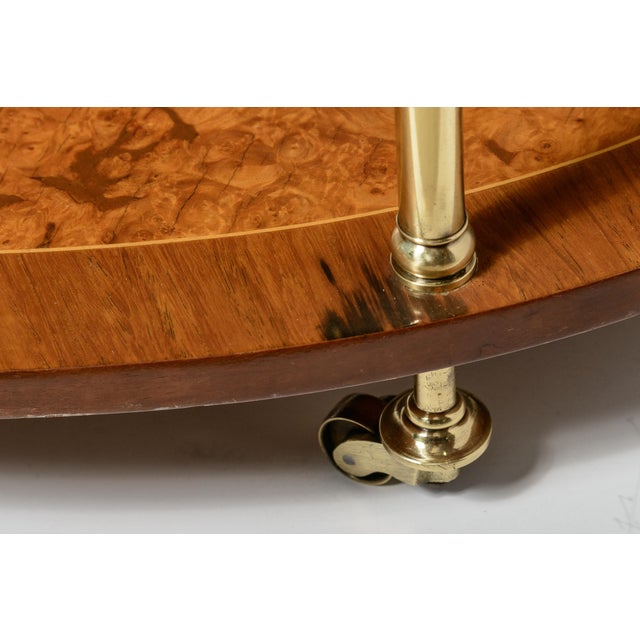 Italian 3 Tier Oval End Table on Casters in Burl Wood & Brass For Sale - Image 10 of 14