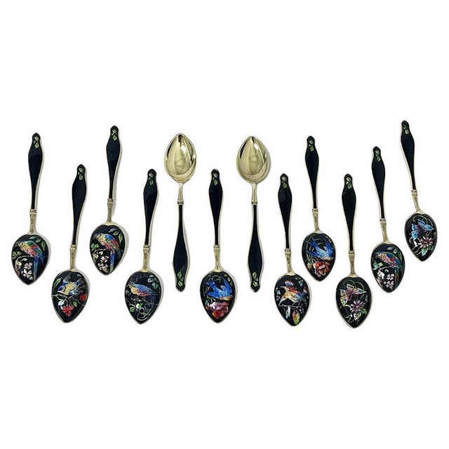 Enamel and Gilt Silver Teaspons by Gustav Hellstrøm, Norway, 1890s, Set of 12 For Sale - Image 11 of 11