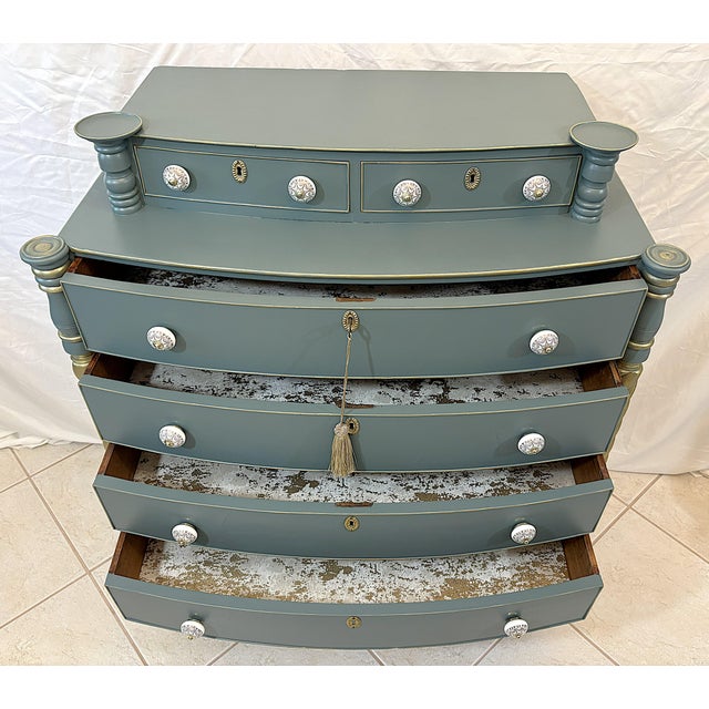 Antique Sheraton Style Bowfront Chest of Six Drawers With Locks and Key, New Paint and Knobs For Sale - Image 11 of 18