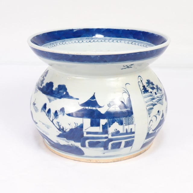 Antique Chinese Export Blue & White Canton Porcelain Spittoon For Sale - Image 9 of 13