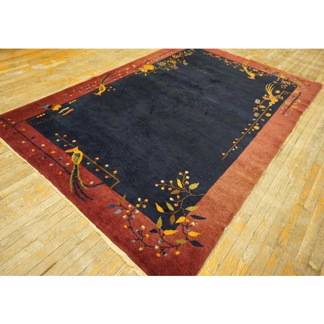 Art Deco 1920s Blue Navy Minimalist Bird Antique Chinese Art Deco Carpet 6' X 8'9" Knotted Wool Rug For Sale - Image 3 of 12