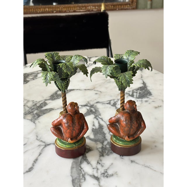 Green Vintage Palm Beach Style Petite Choses Monkey Palm Tree Candle Holders - A Pair For Sale - Image 8 of 9