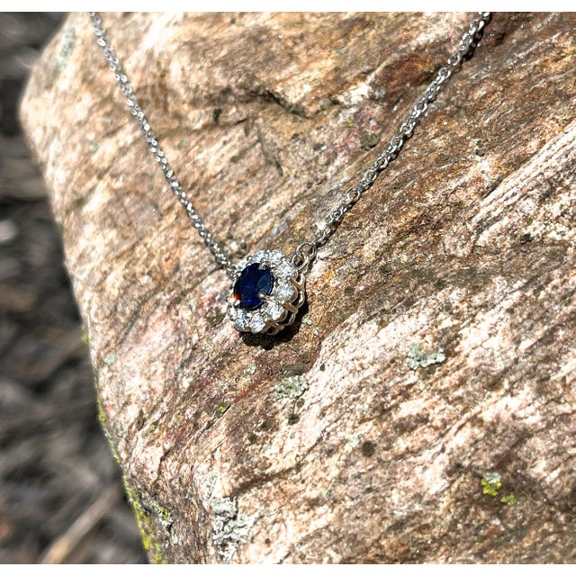 Blue Sapphire Pendant Necklace With Earth Mined Diamonds in Solid 14k Gold, Round 6mm For Sale - Image 8 of 9