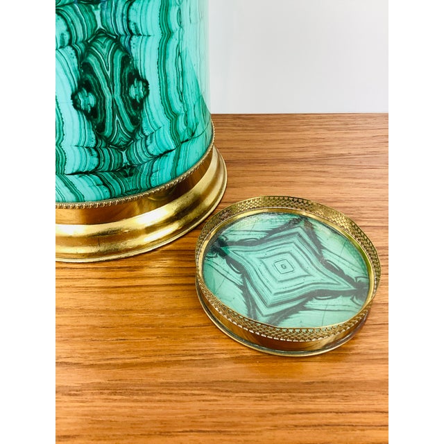 Metal Vintage Aldo Tura Style Hollywood Regency Malachite & Brass Ice Bucket & Bottle Coaster Set / Barware For Sale - Image 7 of 8