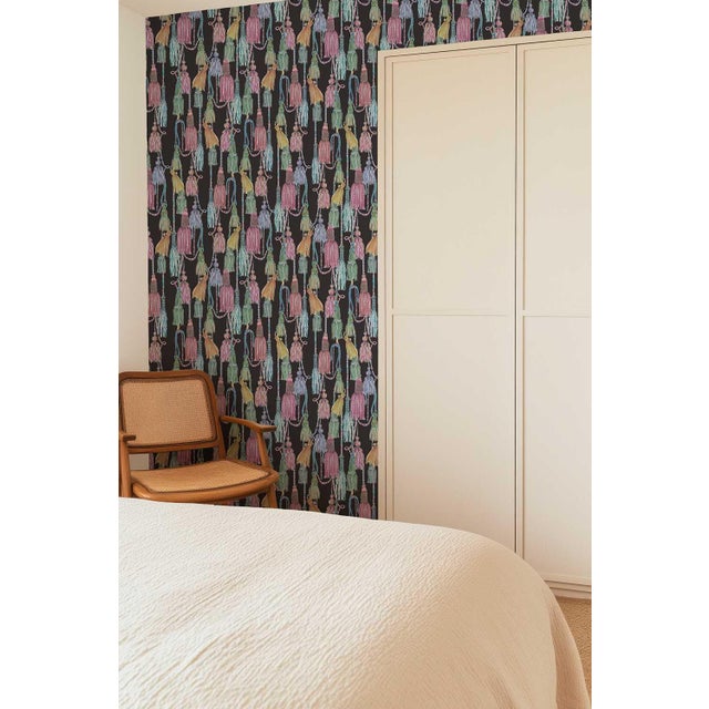 Not Yet Made - Made To Order Tassel Trellis Grasscloth Wallpaper by House Party | Black Lacquer | 8 Yards For Sale - Image 5 of 8