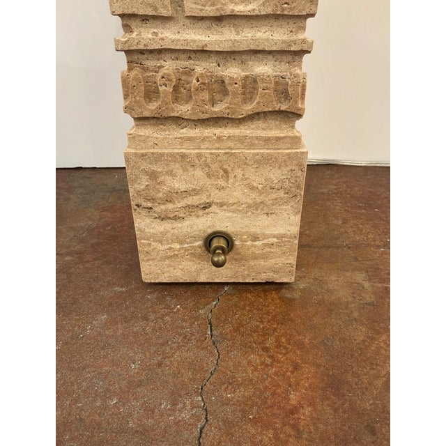 Textile Revelation Icon Lamps Carved Travertine - Pair. For Sale - Image 7 of 9