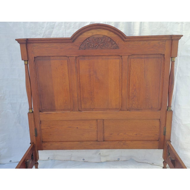 Antique 1920s Solid Oak French Art Deco Bed Frame With Floral Carving