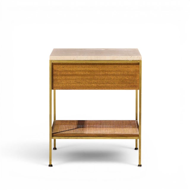 Wood Paul McCobb for Calvin Irwin Group Model 8714 Mid Century Bleached Mahogany, Cane, Brass and Travertine Nightstand - Pair For Sale - Image 7 of 13