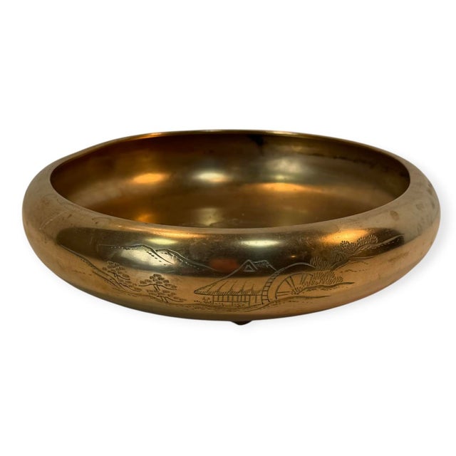 Mid 20th Century Vintage Brass Asian Landscape Bowl Engraved Chinoiserie Decor 9.25” For Sale - Image 5 of 11