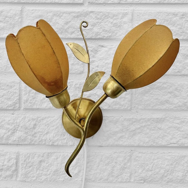 Scandinavian Wall Lamp with Leaf Decoration in Brass with Cocoon Shades, Denmark, 1950s For Sale - Image 11 of 11