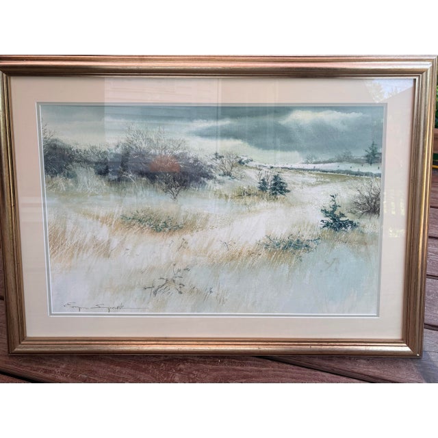 A beautifully executed original watercolor by listed American artist Eugene Sparks, depicting a tranquil winter landscape...