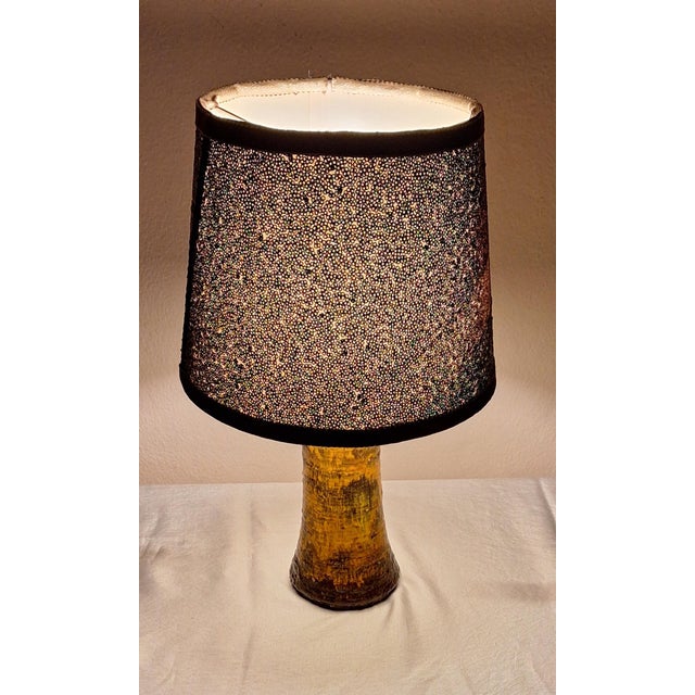 Vintage Yellow-Brown Ceramic Table Lamp with Handmade Fabric Shade, 1970s For Sale - Image 3 of 8