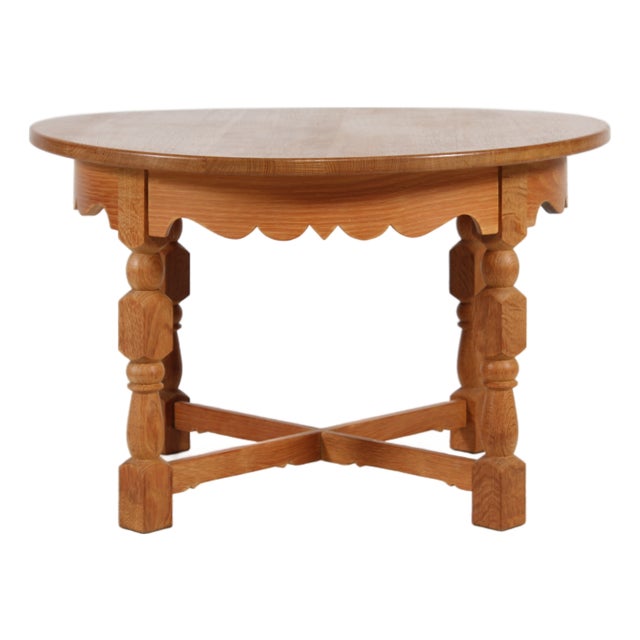 Brutalist Round Oak Coffee Table in the style of Henning Kjærnulf from Axel Einar Hjorth, Denmark, 1970s For Sale