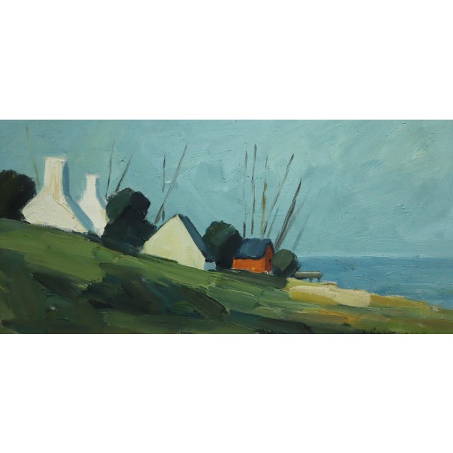Mid-Century Modern 'Red Cabin by the Shore' Swedish Landscape Oil Painting, Framed For Sale - Image 12 of 13