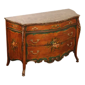 French Louis XV Style Paint Decorated Marble Top Commode