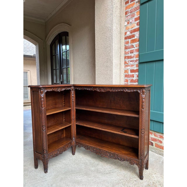 French Country Antique French Corner Bookcase Carved Oak Louis XV Revival Open Shelves C1920 For Sale - Image 3 of 18