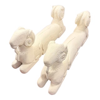 Egyptian Revival Two Headed Ram Carved Wood Sculptures Covered in White Plaster - A Pair For Sale