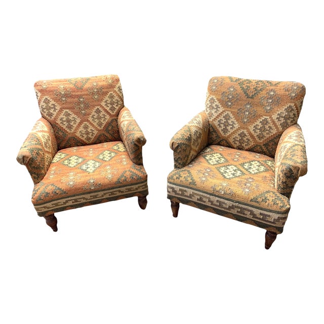 Kilim Upholstered Arm Chairs a Pair Chairish