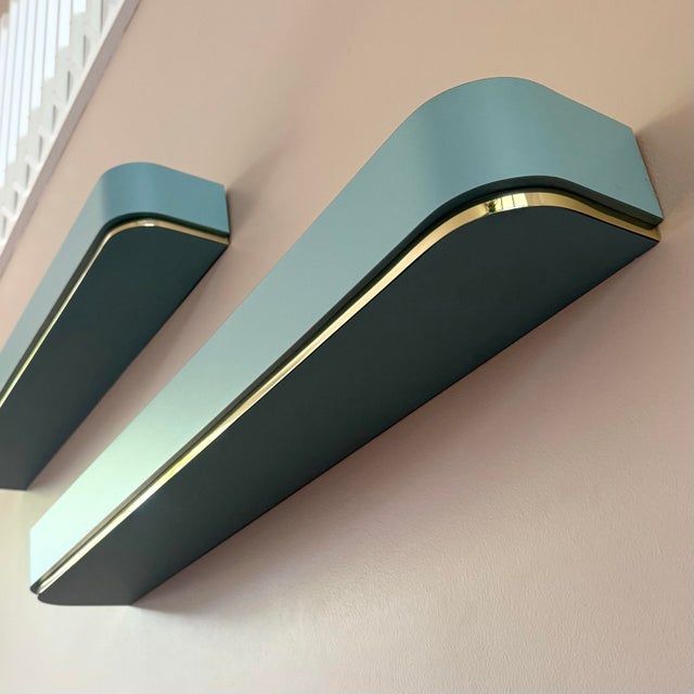 Wood Postmodern Baby Blue Laminate Floating Sconce Shelves With Gold Accents - A Pair For Sale - Image 7 of 9