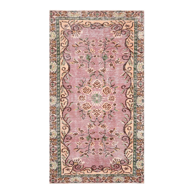 1970s Vintage Turkish Handmade Wool Cotton Pink Area Rug For Sale