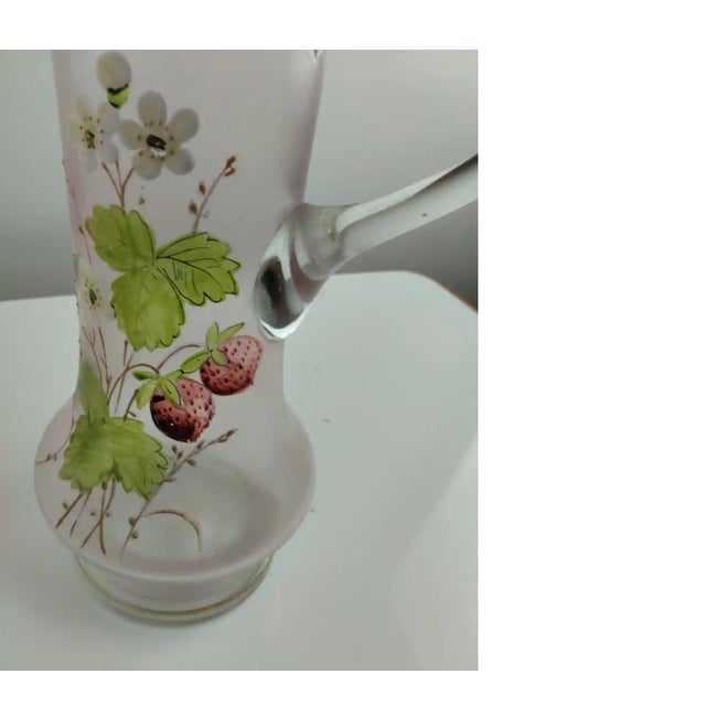 Art Nouveau Jug with Hand-Painted Strawberries in Clear, Blown Glass and Matte Finish, in Very Good conditions. Designed...